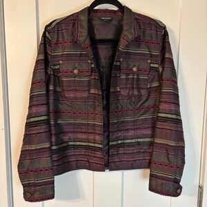 Multiples Womens Iridescent Purple Green Tribal Stripe Lightweight Jacket L Boho